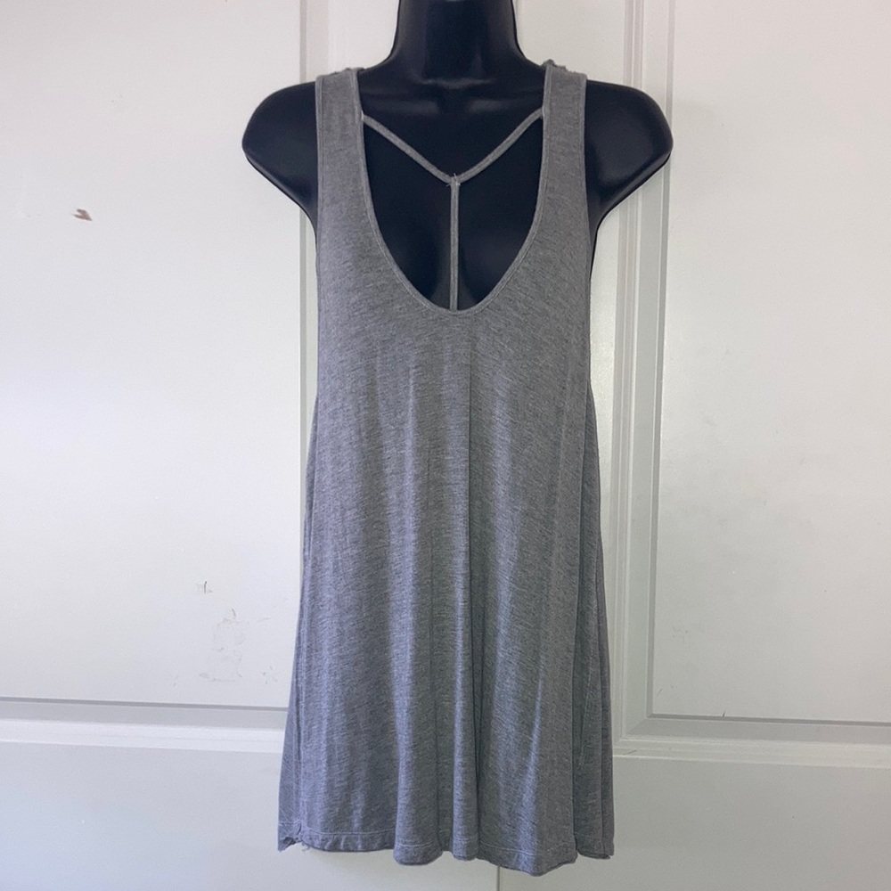 FREE PEOPLE Sexy Low Cut Sleeveless Tunic Top Racer-Back Long Tank Top Gray S